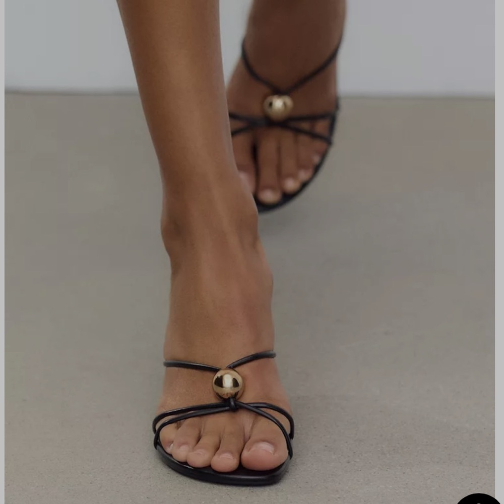 Zara Black Strappy Sandals with Gold Orb
